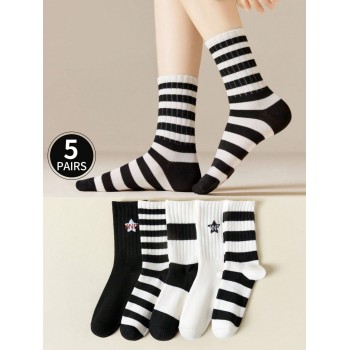 5 paires Chaussettes mi-mollet noires et blanches à rayures pour femmes, adaptées pour un usage quotidien - 35661650