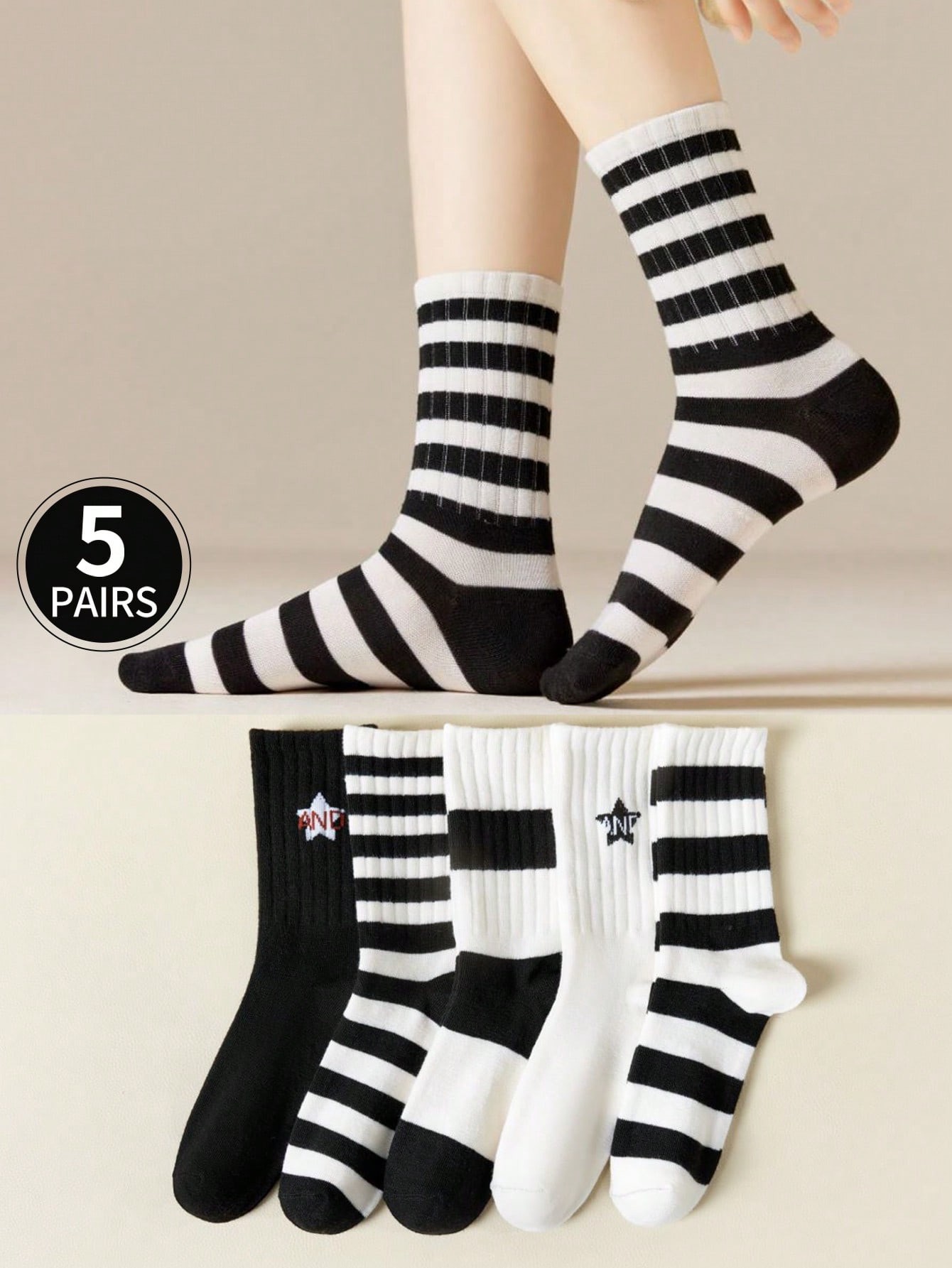 5 paires Chaussettes mi-mollet noires et blanches à rayures pour femmes, adaptées pour un usage quotidien - 35661650