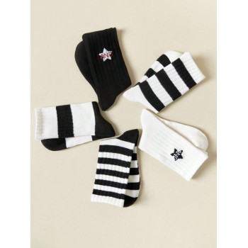 5 paires Chaussettes mi-mollet noires et blanches à rayures pour femmes, adaptées pour un usage quotidien - 35661650