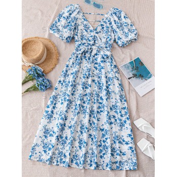 SHEIN WYWH Robe imprimée bleue et blanche pour femmes avec col en V, manches bouffantes et taille cintrée, idéale pour les vacances - 34252451