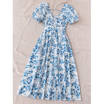 SHEIN WYWH Robe imprimée bleue et blanche pour femmes avec col en V, manches bouffantes et taille cintrée, idéale pour les vacances - 34252451