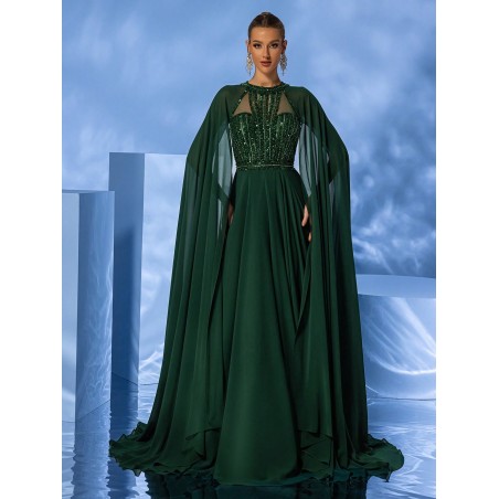 Giffniseti Robe élégante de soirée pour femmes avec sequins ronds, en mousseline de soie avec manches de cape et traîne longue pour des occasions formelles, robe de bal pour femmes - 31998985