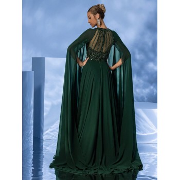 Giffniseti Robe élégante de soirée pour femmes avec sequins ronds, en mousseline de soie avec manches de cape et traîne longue pour des occasions formelles, robe de bal pour femmes - 31998985