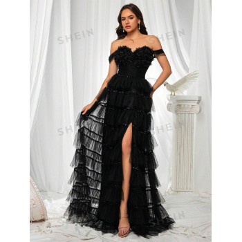 Robe En Tulle En Forme De Gâteau Avec Épaules Dénudées Pour Femme, Avec Fleurs 3d Et Décoration À Paillettes, Fente Haute, Élégante Robe Du Soir - 29130660