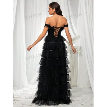 Robe En Tulle En Forme De Gâteau Avec Épaules Dénudées Pour Femme, Avec Fleurs 3d Et Décoration À Paillettes, Fente Haute, Élégante Robe Du Soir - 29130660