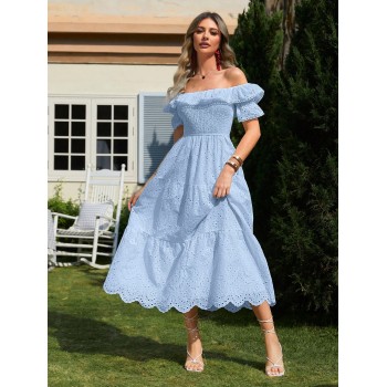 Simplee Robe Pour Femmes Avec Épaules Dénudées, Broderie Et Volants, Taille Haute - 31826587