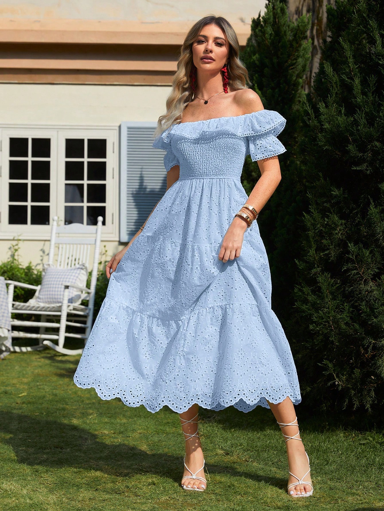 Simplee Robe Pour Femmes Avec Épaules Dénudées, Broderie Et Volants, Taille Haute - 31826587