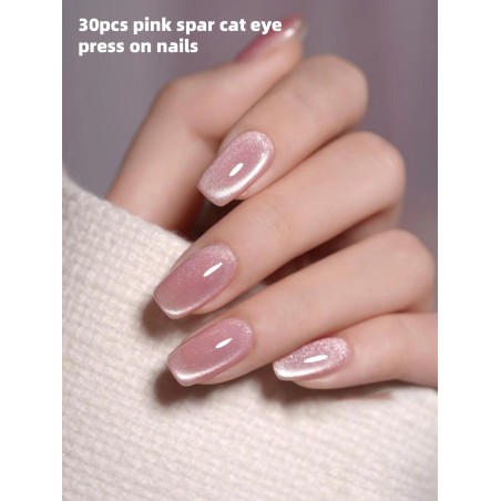 30 pièces Ongles faux carrés courts avec cristal rose mignon et œil de chat, faits à la main, comprenant 1 pièce lime et 1 pièce ongle jelly gel press, fournitures pour ongles - 17416982