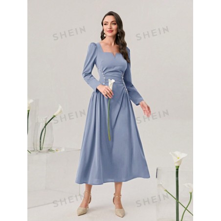 SHEIN Modely Robe De Taille Froncée Pour Femmes Avec Col À Encoche - 28783433