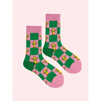 1 paire de chaussettes unisexes à la mode imprimé girafe dessin animé, chaussettes mi-mollet animales à carreaux créatives et concises, confortables et polyvalentes pour un usage quotidien et les voyages - 36973947