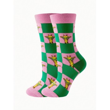 1 paire de chaussettes unisexes à la mode imprimé girafe dessin animé, chaussettes mi-mollet animales à carreaux créatives et concises, confortables et polyvalentes pour un usage quotidien et les voyages - 36973947