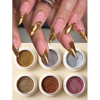 6 pièces Poudre à ongles en chrome or argent pigment miroir métallique frottement paillettes artificielles en poudre décorations - 32550564