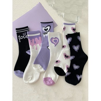 6 Paires/pack De Chaussettes Mi-mollet Élégantes Pour Femmes Avec Motif De Cœur Violet - 21375943