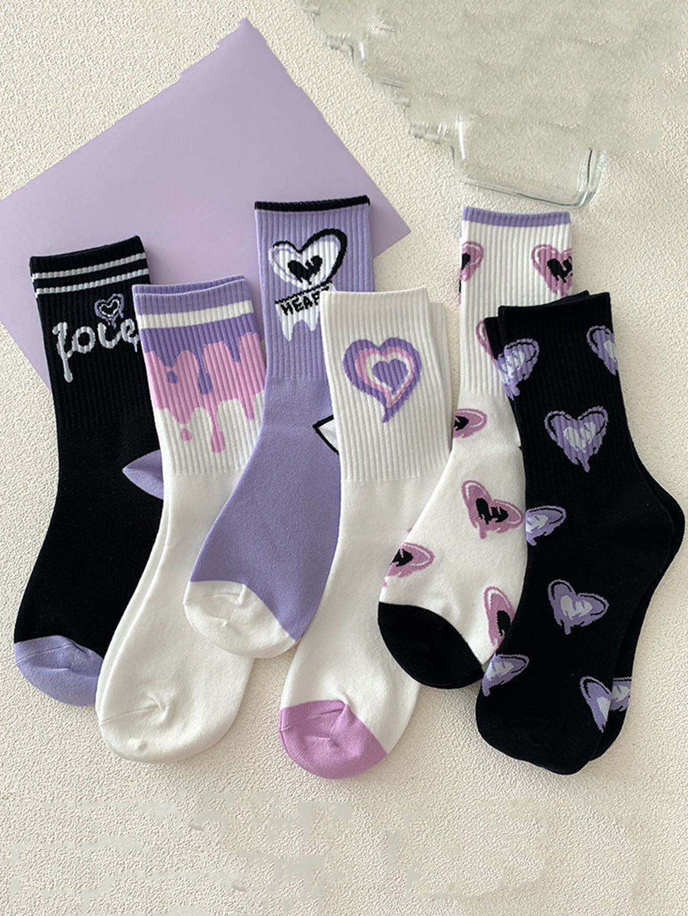 6 Paires/pack De Chaussettes Mi-mollet Élégantes Pour Femmes Avec Motif De Cœur Violet - 21375943