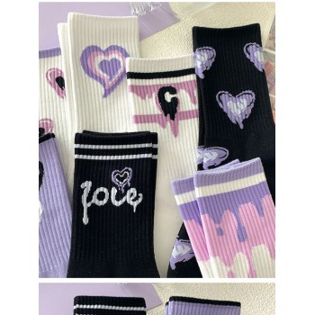 6 Paires/pack De Chaussettes Mi-mollet Élégantes Pour Femmes Avec Motif De Cœur Violet - 21375943