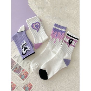 6 Paires/pack De Chaussettes Mi-mollet Élégantes Pour Femmes Avec Motif De Cœur Violet - 21375943