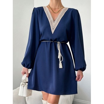 SHEIN Robe Ceinturée À Manches Lanternes Pour Femmes - 26732053