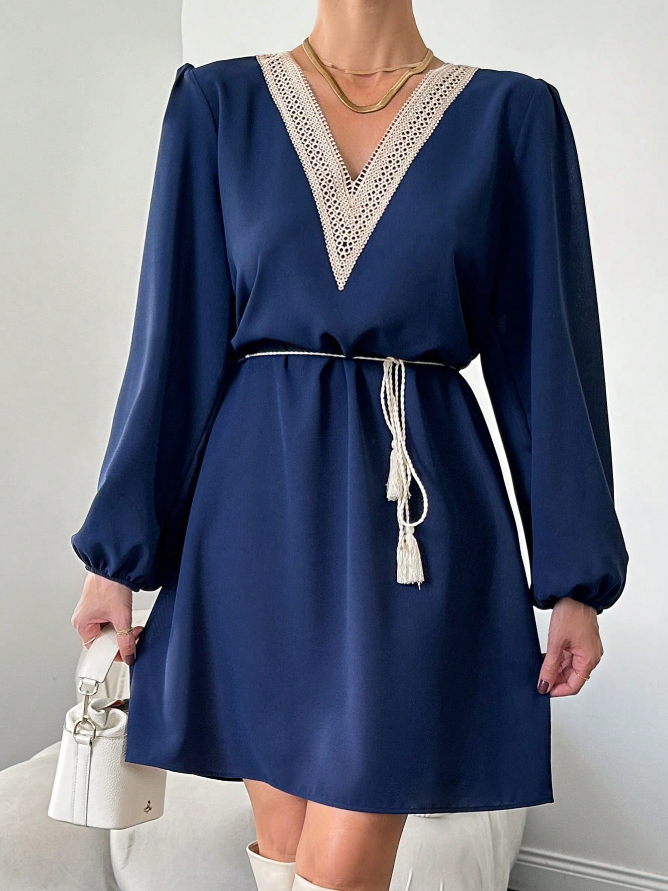 SHEIN Robe Ceinturée À Manches Lanternes Pour Femmes - 26732053