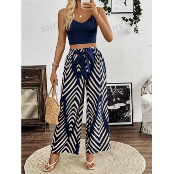 SHEIN Frenchy Ensemble deux pièces pour femmes : haut à bretelles spaghetti unicolore et pantalon large imprimé géométrique - 36382836