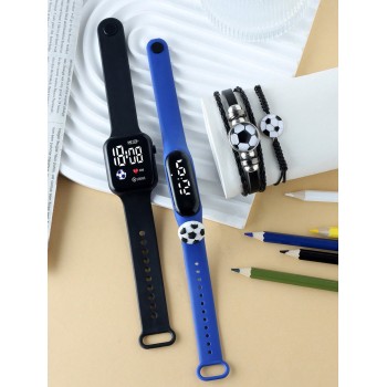 2 Pièces/set Montre Numérique Électronique Led Avec Décoration De Soccer Unisexe Et 2 Bracelets De Soccer, Adapté Pour Un Port Quotidien - 28470201