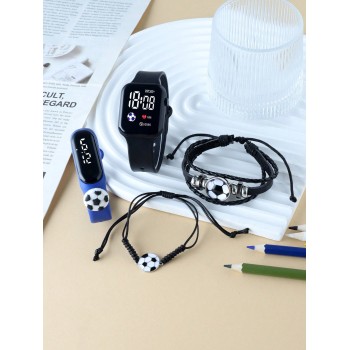 2 Pièces/set Montre Numérique Électronique Led Avec Décoration De Soccer Unisexe Et 2 Bracelets De Soccer, Adapté Pour Un Port Quotidien - 28470201