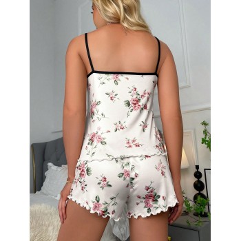 Femme Imprimé Floral Débardeur à bretelles spaghetti et Short décoré de dentelle Set - 32205249