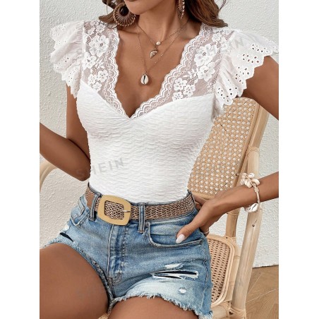 SHEIN VCAY T-shirt En Dentelle Manches Papillon Festonné - 17424401