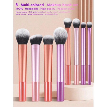 Ensemble De 8 Pinceaux De Maquillage Multicolores Comprenant Un Pinceau À Blush, Un Pinceau À Poudre, Un Pinceau À Contour, Un Pinceau À Ombre À Paupières, Un Pinceau À Estomper, Un Pinceau Surligneur, Un Pinceau Bronzant, , Findcolor - 26118621