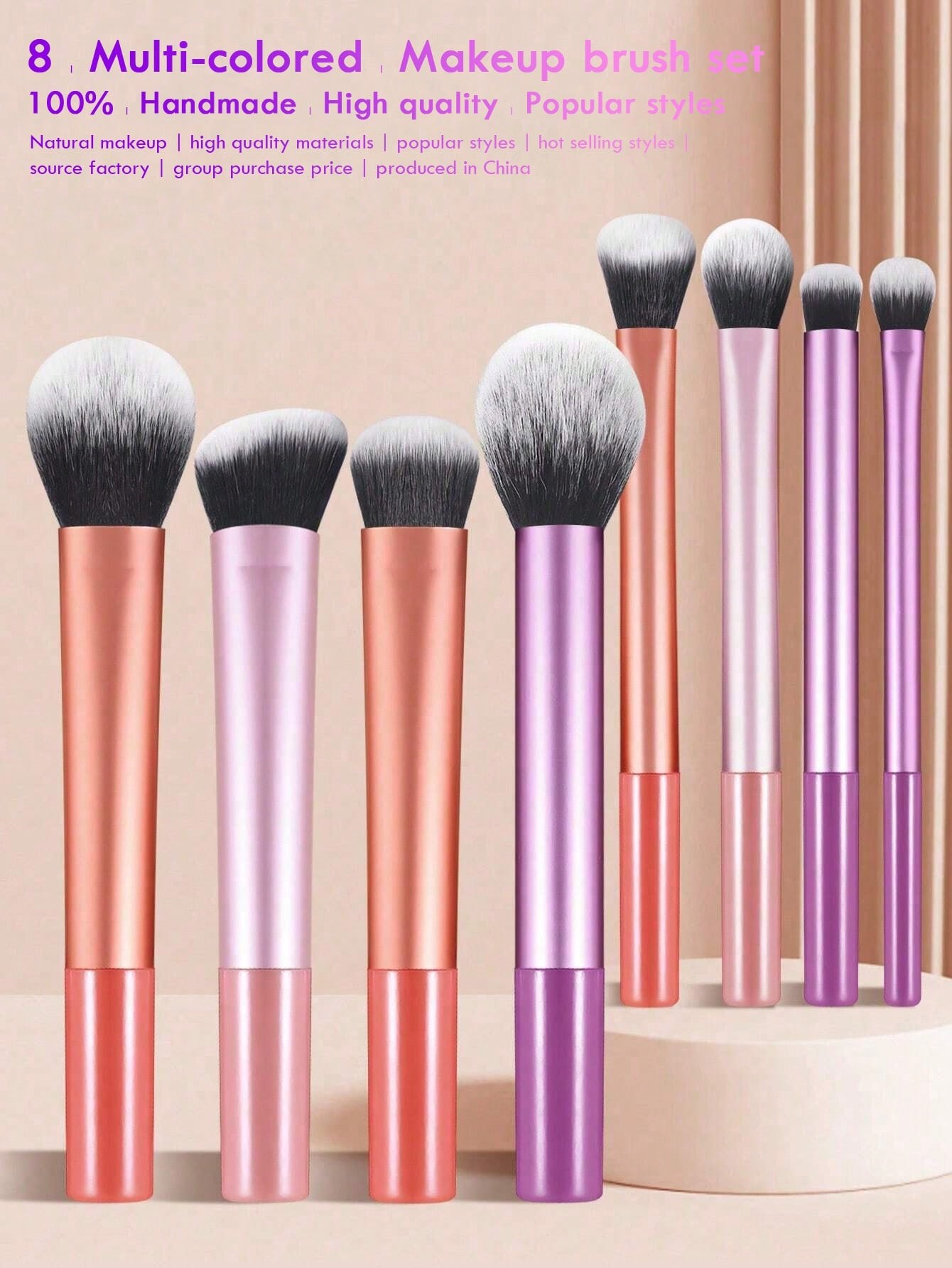 Ensemble De 8 Pinceaux De Maquillage Multicolores Comprenant Un Pinceau À Blush, Un Pinceau À Poudre, Un Pinceau À Contour, Un Pinceau À Ombre À Paupières, Un Pinceau À Estomper, Un Pinceau Surligneur, Un Pinceau Bronzant, , Findcolor - 26118621