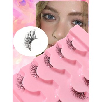 5 paires de faux cils demi-yeux avec tige transparente, faux cils 3D en faux vison, longs et épais croisés naturels, style à queue longue, faux cils adhésifs réutilisables pour les yeux de chat - 32342359