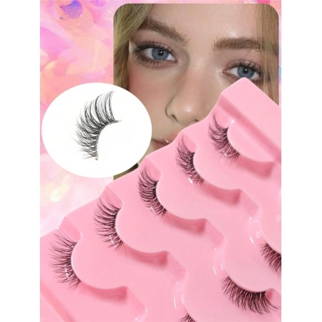 5 paires de faux cils demi-yeux avec tige transparente, faux cils 3D en faux vison, longs et épais croisés naturels, style à queue longue, faux cils adhésifs réutilisables pour les yeux de chat - 32342359