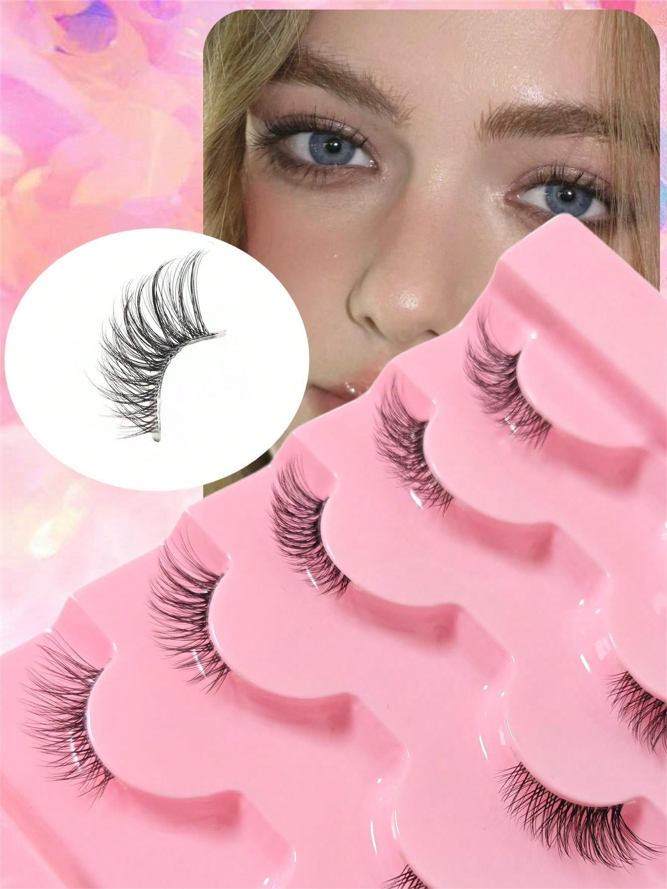 5 paires de faux cils demi-yeux avec tige transparente, faux cils 3D en faux vison, longs et épais croisés naturels, style à queue longue, faux cils adhésifs réutilisables pour les yeux de chat - 32342359