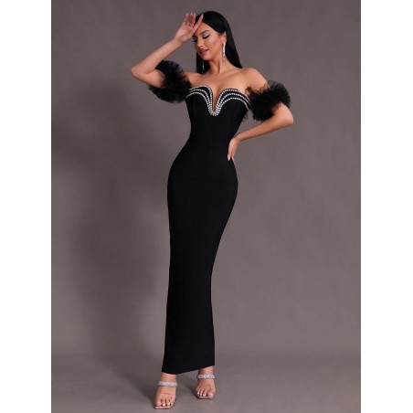 Modphy Robe bandage longue de soirée formelle, de bal noire et luxueuse avec strass sexy hors-épaules en contraste et mesh ajusté, pour femmes - 31564833