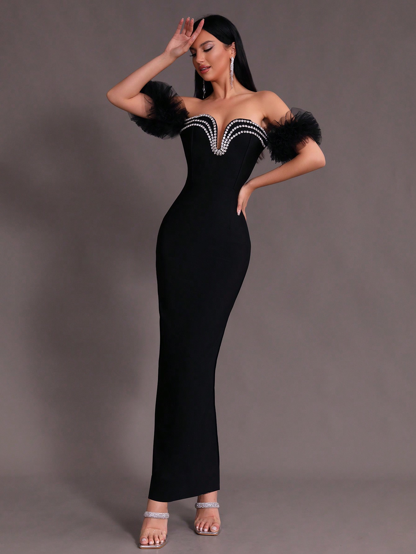 Modphy Robe bandage longue de soirée formelle, de bal noire et luxueuse avec strass sexy hors-épaules en contraste et mesh ajusté, pour femmes - 31564833