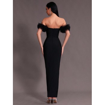 Modphy Robe bandage longue de soirée formelle, de bal noire et luxueuse avec strass sexy hors-épaules en contraste et mesh ajusté, pour femmes - 31564833