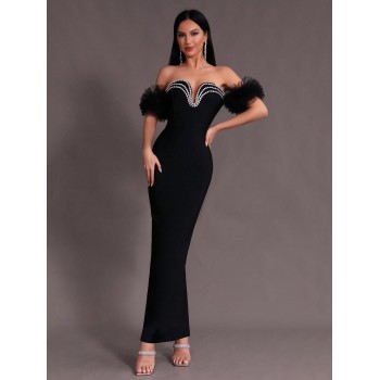 Modphy Robe bandage longue de soirée formelle, de bal noire et luxueuse avec strass sexy hors-épaules en contraste et mesh ajusté, pour femmes - 31564833