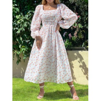 SHEIN VCAY Robe Imprimé Floral À Col Carré Manches Bouffantes À Ruché - 21592365