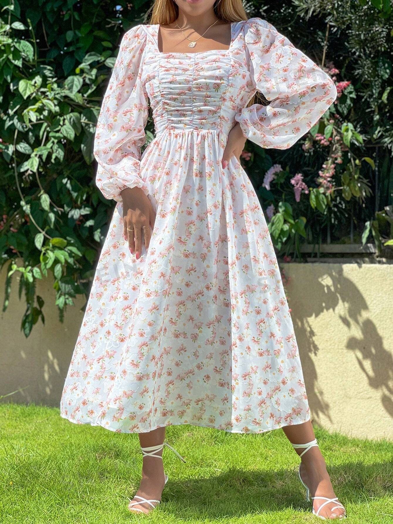 SHEIN VCAY Robe Imprimé Floral À Col Carré Manches Bouffantes À Ruché - 21592365