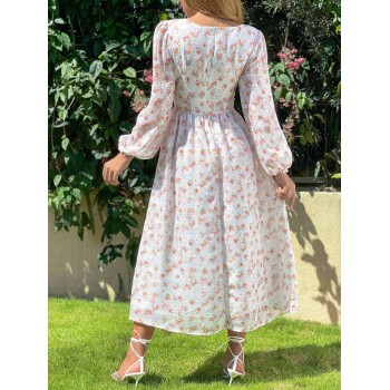 SHEIN VCAY Robe Imprimé Floral À Col Carré Manches Bouffantes À Ruché - 21592365