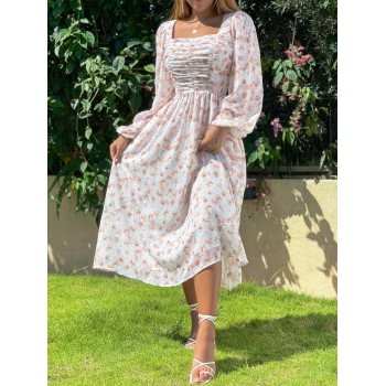 SHEIN VCAY Robe Imprimé Floral À Col Carré Manches Bouffantes À Ruché - 21592365