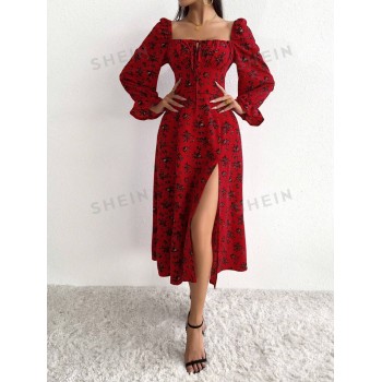 SHEIN VCAY Robe Fendue Pour Femme À Imprimé Floral Avec Encolure Carrée Et Fente Latérale - 25917561