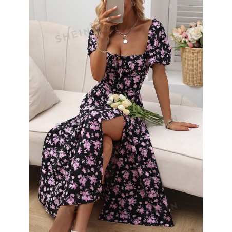 SHEIN LUNE Robe trapèze fleuri à nœud fendu - 10810038