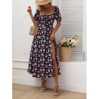 SHEIN LUNE Robe trapèze fleuri à nœud fendu - 10810038