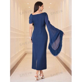 SHEIN Modely Robe de soirée asymétrique pour femme avec col en décalage et frange aux poignets, robe maxi élégante pour soirée - 28413984