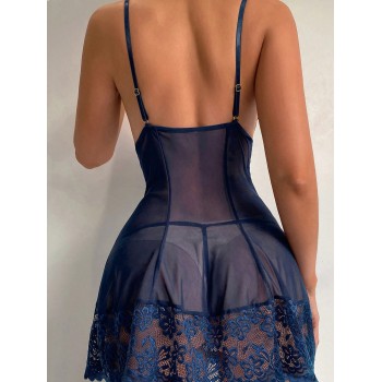 Robe de lingerie sexy bleue à bretelles spaghetti avec détail de nœud en dentelle ajourée et décoration-ensemble de 2 - 26597557