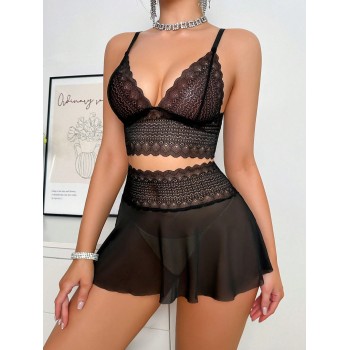 2 Pièces/set Ensemble De Lingerie En Dentelle Et Maille Sexy Pour Femmes Sans Fil - 30055145