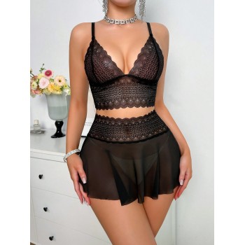 2 Pièces/set Ensemble De Lingerie En Dentelle Et Maille Sexy Pour Femmes Sans Fil - 30055145