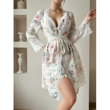 Robe de pyjama fleurie à fines brides avec dentelle & Peignoir - 12459449