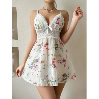 Robe de pyjama fleurie à fines brides avec dentelle & Peignoir - 12459449