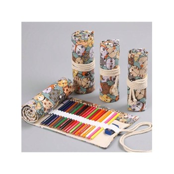 1 pièce Étui à crayons imprimé mignon chat en coton et lin style japonais, avec 12/24/36/48/72 trous pour crayons, crayons de couleur ou stylos de croquis - 36903377